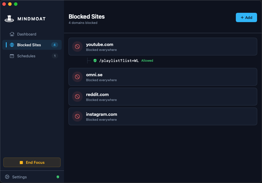 MindMoat Blocked Sites with path exceptions