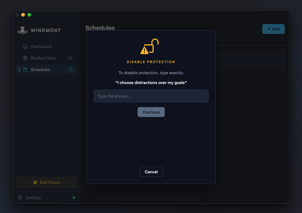 MindMoat Disable Protection modal requiring shame phrase