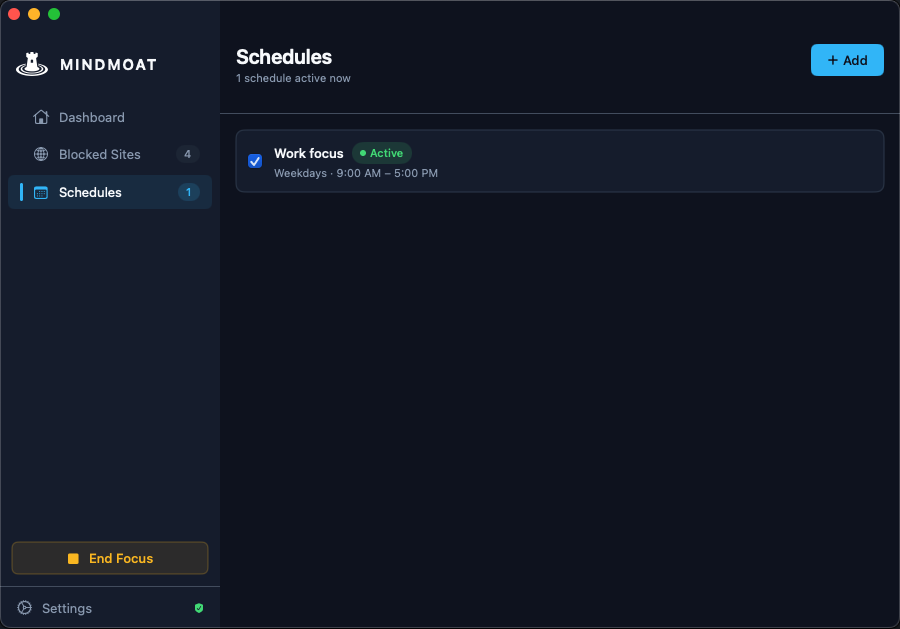 MindMoat Schedules showing Work focus